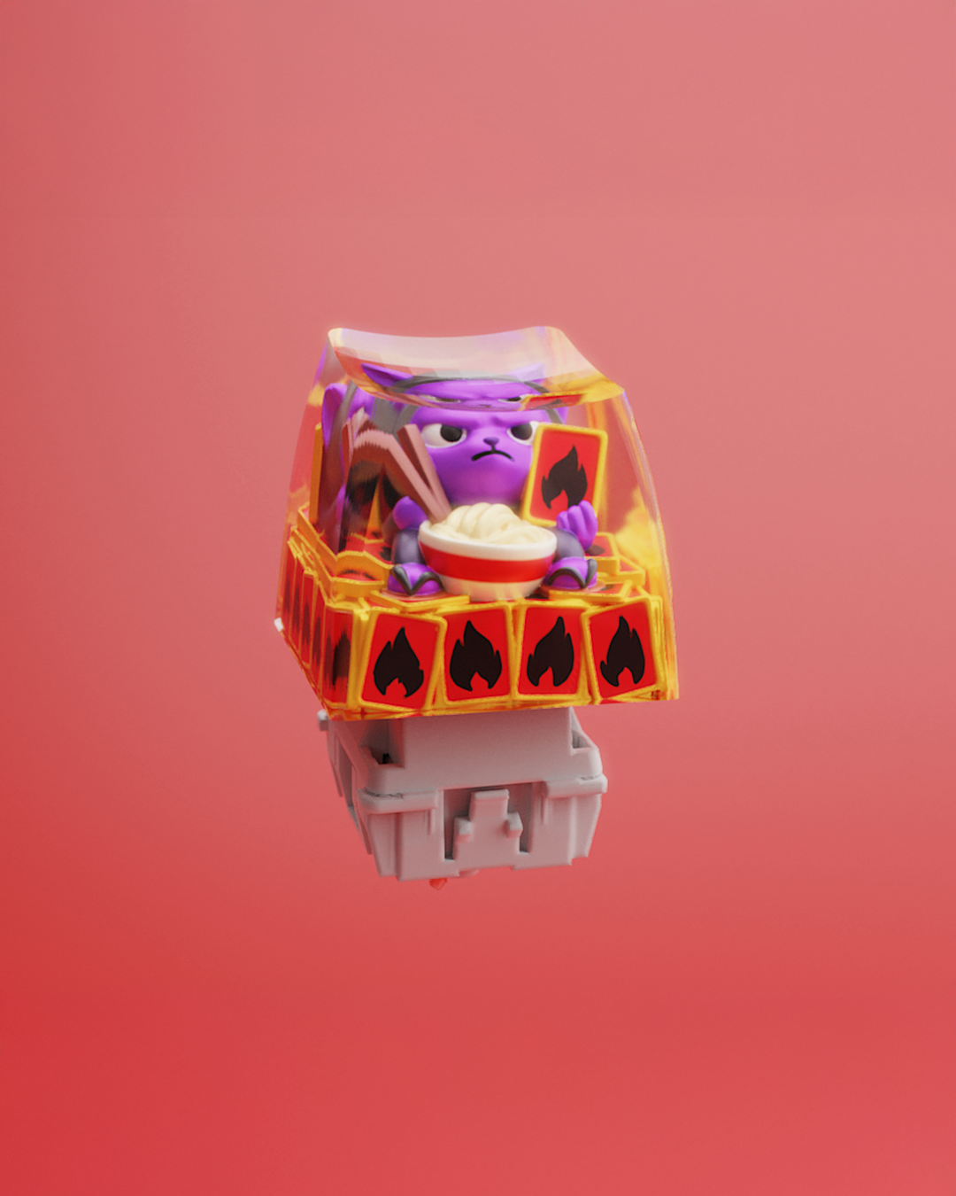 Keycap KATASHI de MadKat Lab, diseño 3D con detalles en llamas y ramen, encapsulado en resina transparente – edición limitada.
