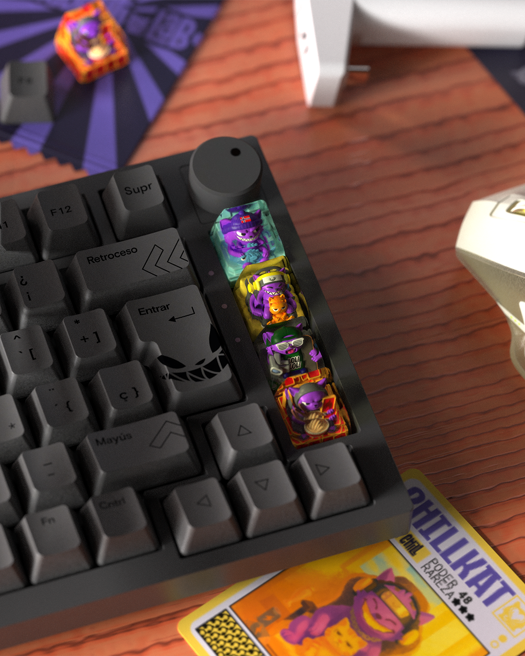 Vista del teclado mecánico KatBoard con los 4 keycaps artisan de MadKat Lab instalados – diseño llamativo y compatibilidad con switches MX.
