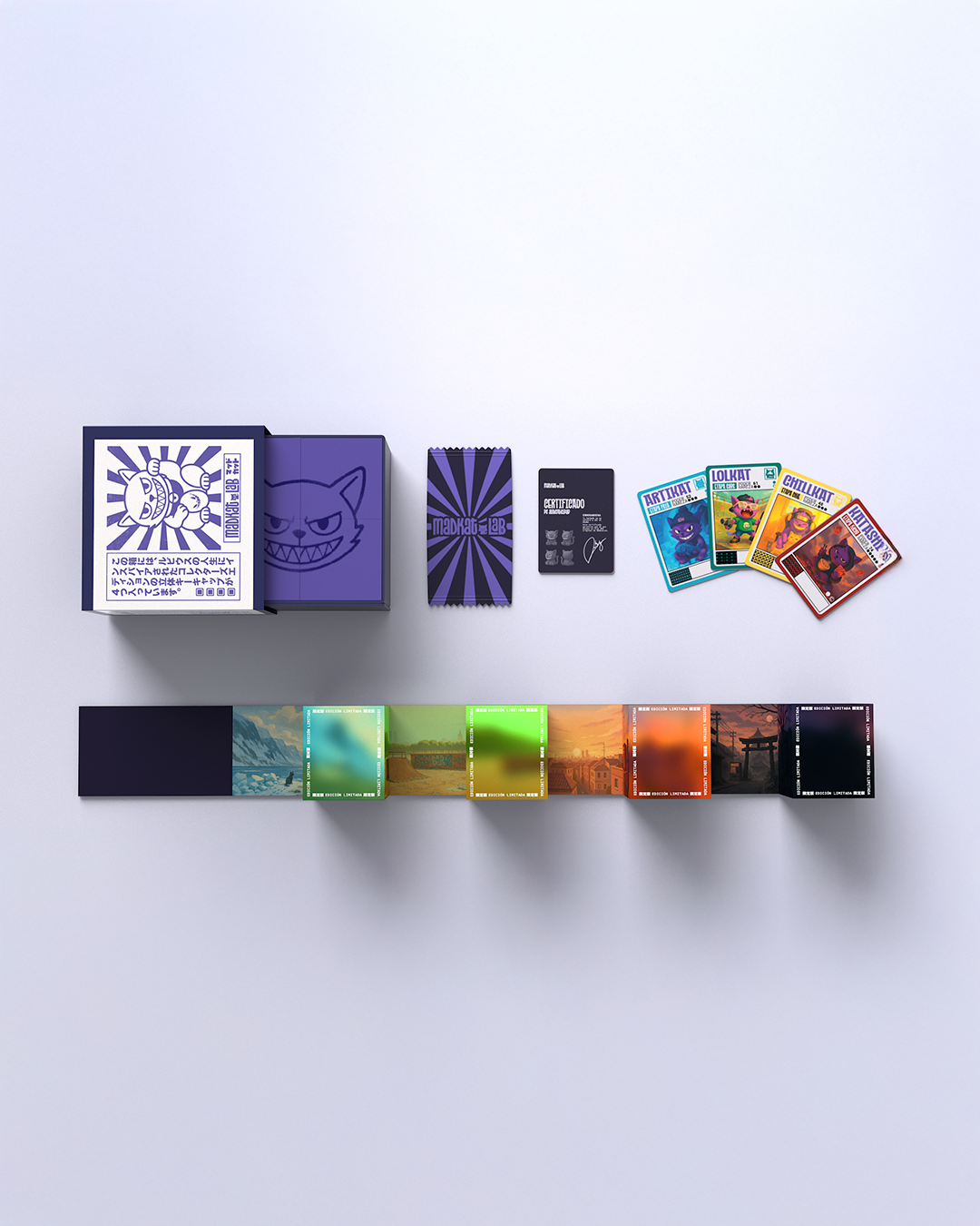 Contenido del pack coleccionista: caja edición limitada MadKat Lab, cartas coleccionables del drop y certificado de autenticidad.